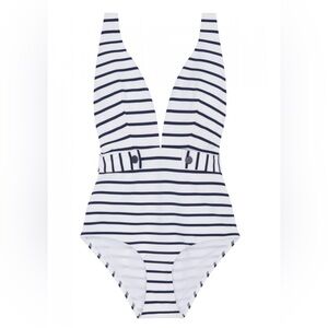 Oysho One Piece Swimsuit White & Navy Striped Plunging Neckline